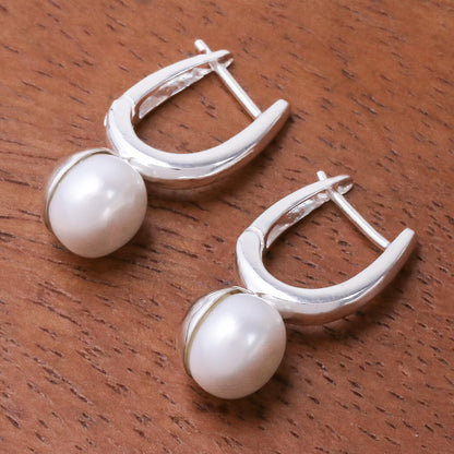 Wintry Orbs Round Cultured Pearl Drop Earrings from Thailand