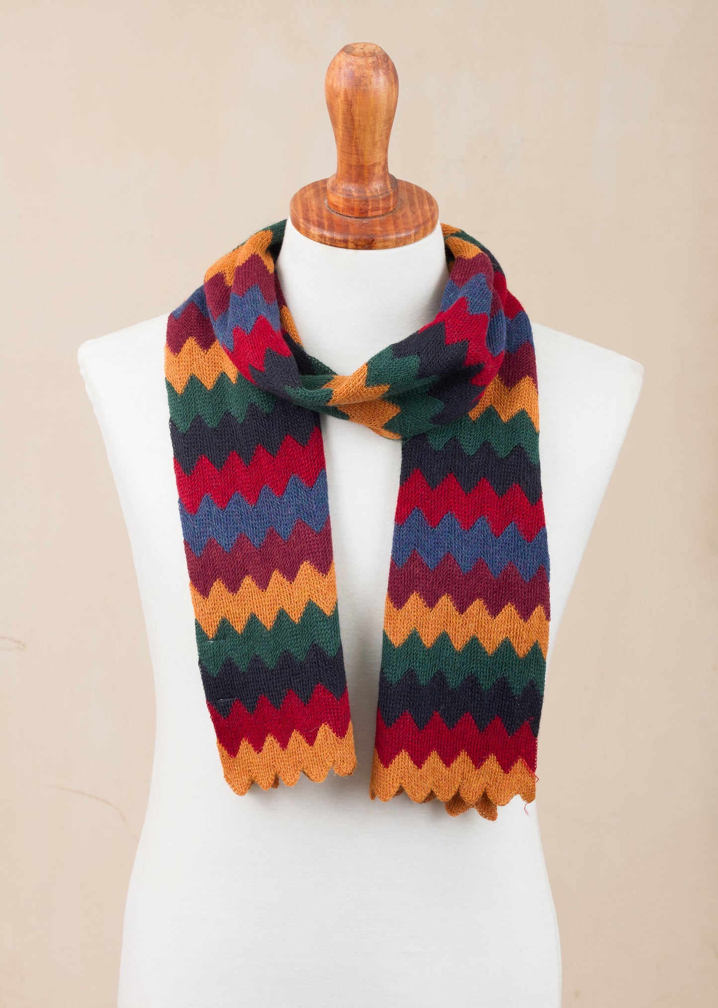 Festive Zigzags Knit Zigzag Alpaca Blend Wrap Scarf from Peru