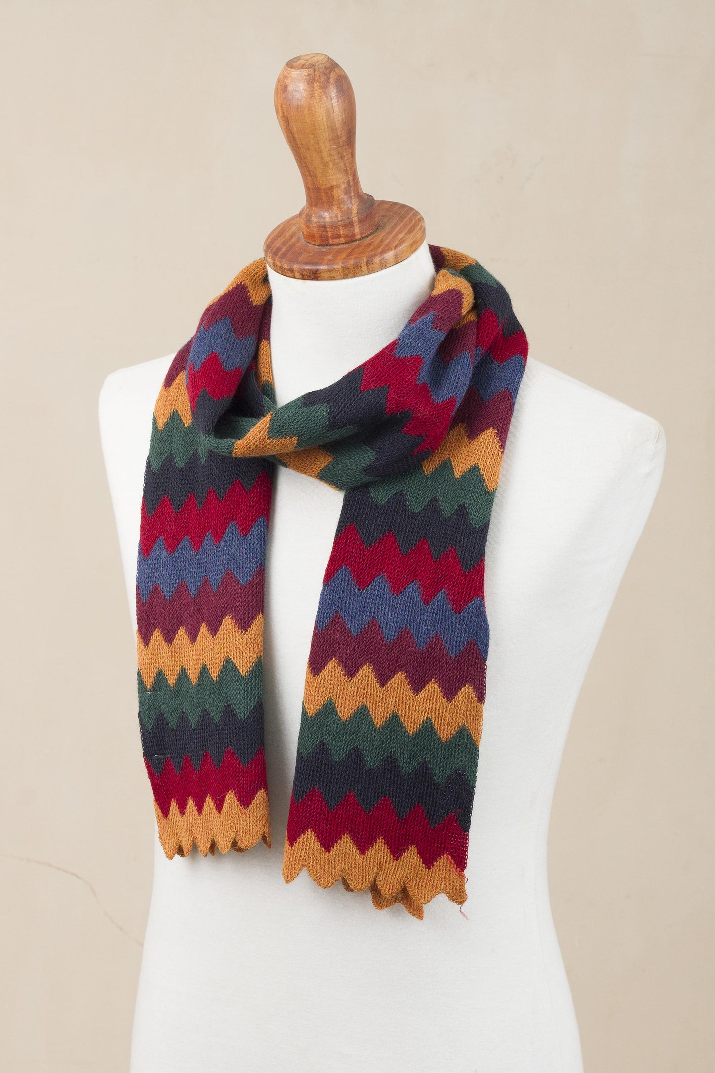 Festive Zigzags Knit Zigzag Alpaca Blend Wrap Scarf from Peru