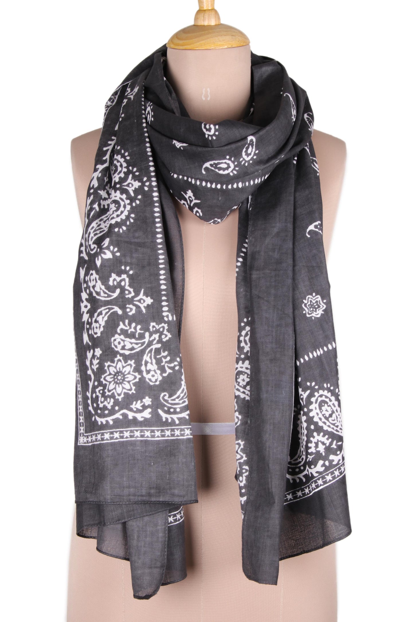 Paisley Charcoal Paisley Print Cotton Shawl in Charcoal from India