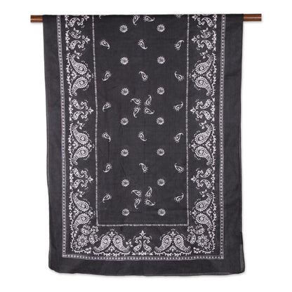 Paisley Charcoal Paisley Print Cotton Shawl in Charcoal from India