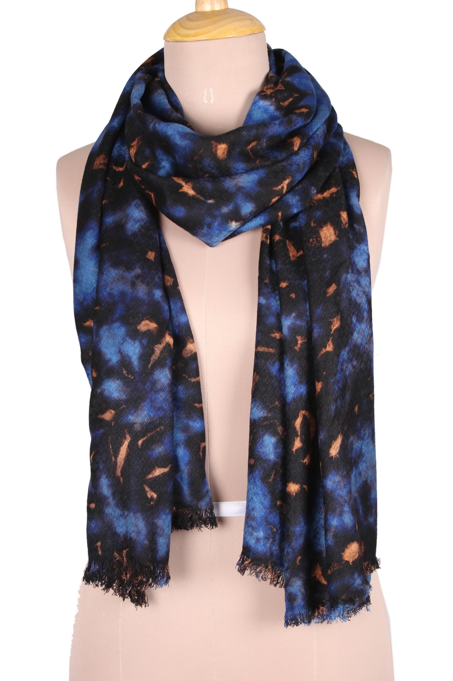 Blissful Fusion in Blue Blue and Caramel Viscose Shawl Crafted in India