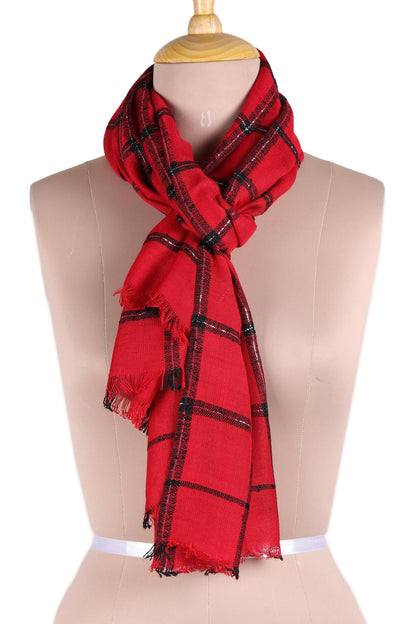 Crimson Checks Checked Viscose Blend Wrap Scarf in Crimson from India