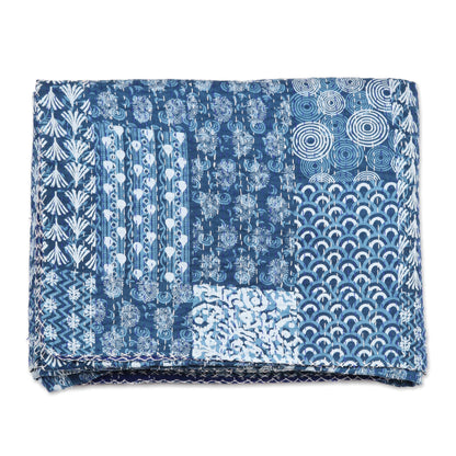 Kantha Charm in Blue Blue and White Cotton Kantha Bedspread and Shams (3 Piece)