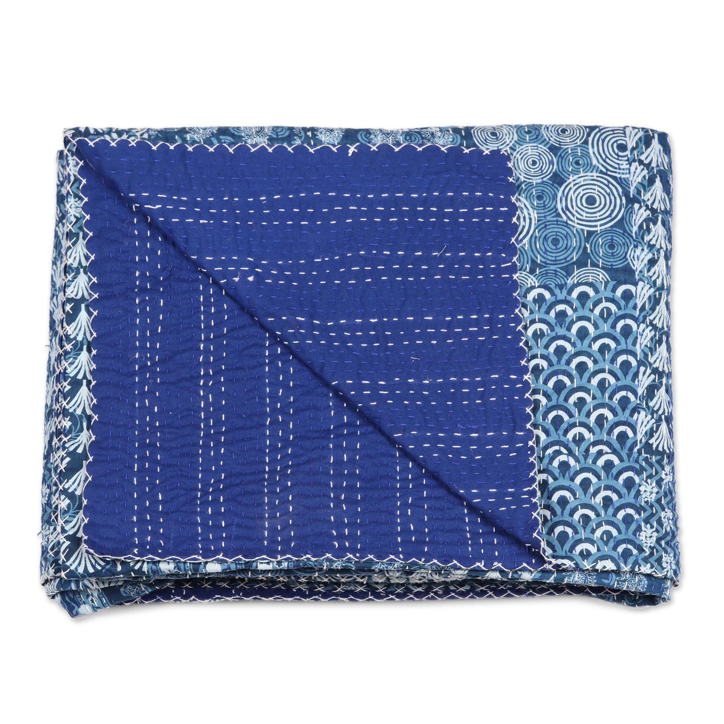 Kantha Charm in Blue Blue and White Cotton Kantha Bedspread and Shams (3 Piece)