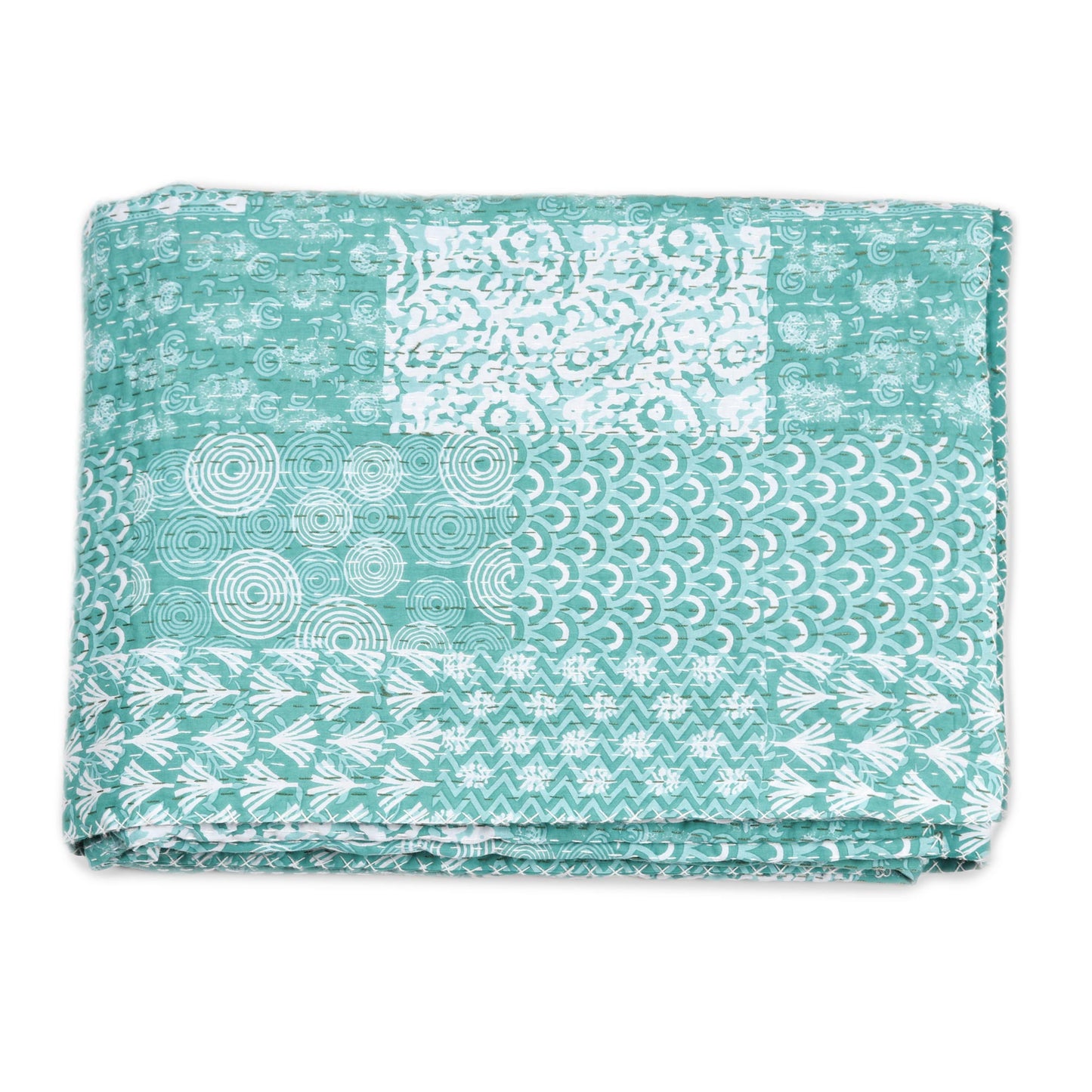 Kantha Charm in Turquoise Kantha Cotton Bedspread and Shams in Seaglass (3 Piece)