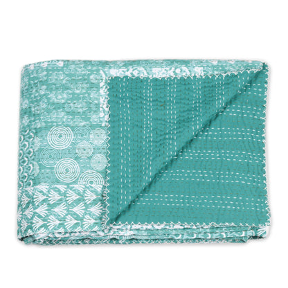 Kantha Charm in Turquoise Kantha Cotton Bedspread and Shams in Seaglass (3 Piece)