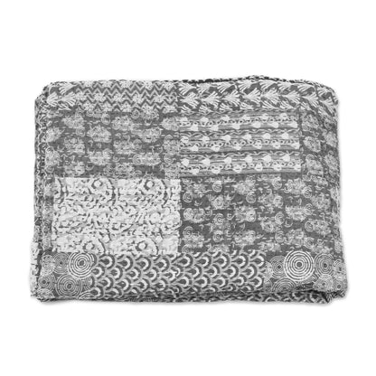 Kantha Charm in Grey Kantha Cotton Bedspread and Shams in Grey (3 Piece)