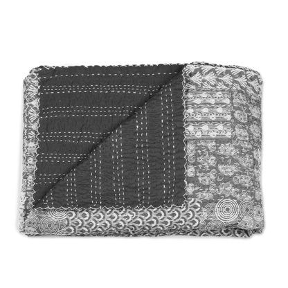 Kantha Charm in Grey Kantha Cotton Bedspread and Shams in Grey (3 Piece)