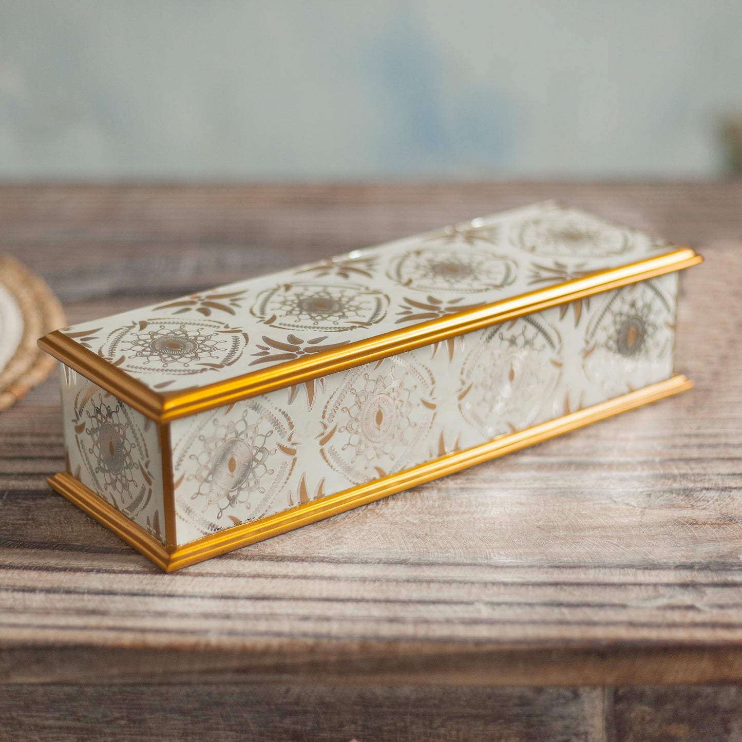 Golden Treasure Gold-Tone Reverse-Painted Glass Decorative Box from Peru