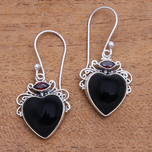 Dark Passion Heart-Shaped Garnet and Horn Dangle Earrings from Bali