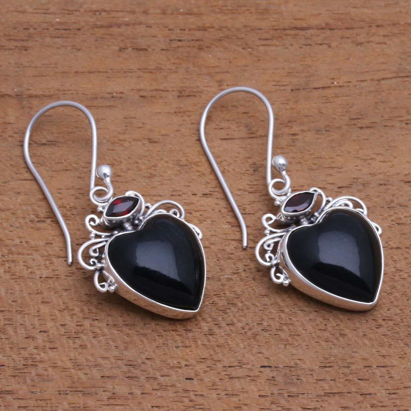 Dark Passion Heart-Shaped Garnet and Horn Dangle Earrings from Bali