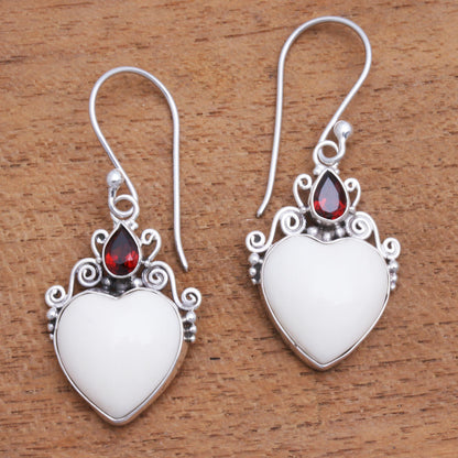 Heart Passion Heart-Shaped Garnet and Bone Dangle Earrings from Bali