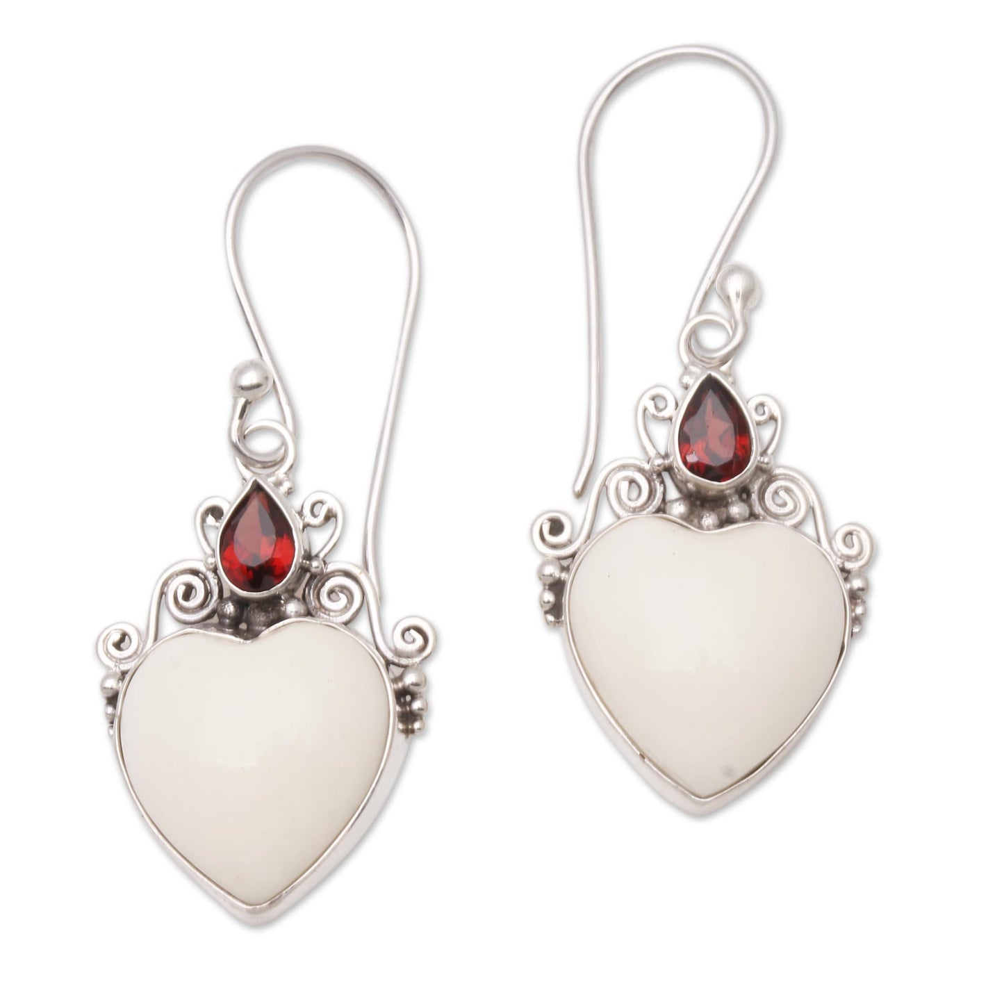 Heart Passion Heart-Shaped Garnet and Bone Dangle Earrings from Bali