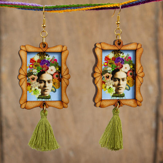 Frida Adorned Handcrafted Frida Kahlo and Flowers Wood Dangle Earrings