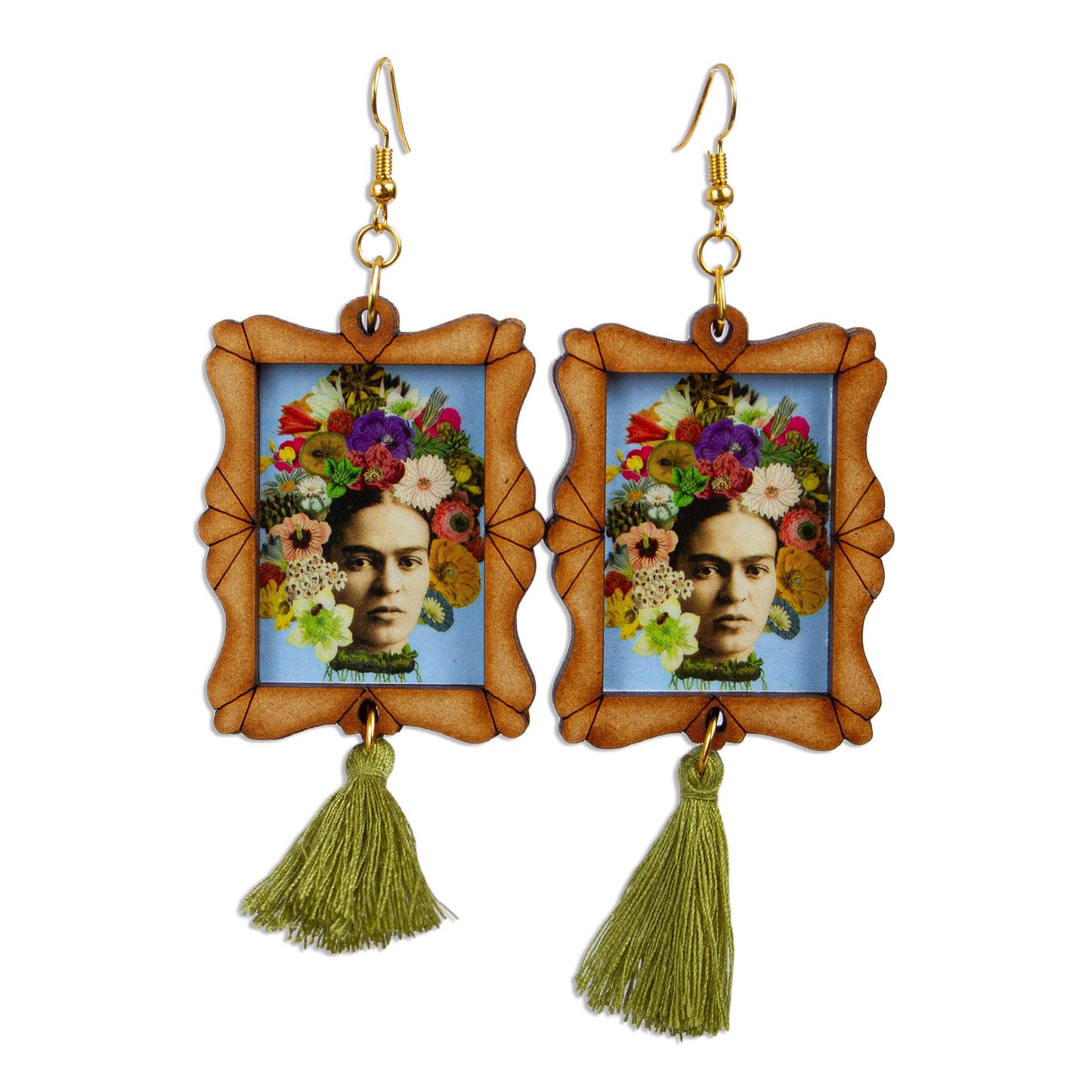 Frida Adorned Handcrafted Frida Kahlo and Flowers Wood Dangle Earrings