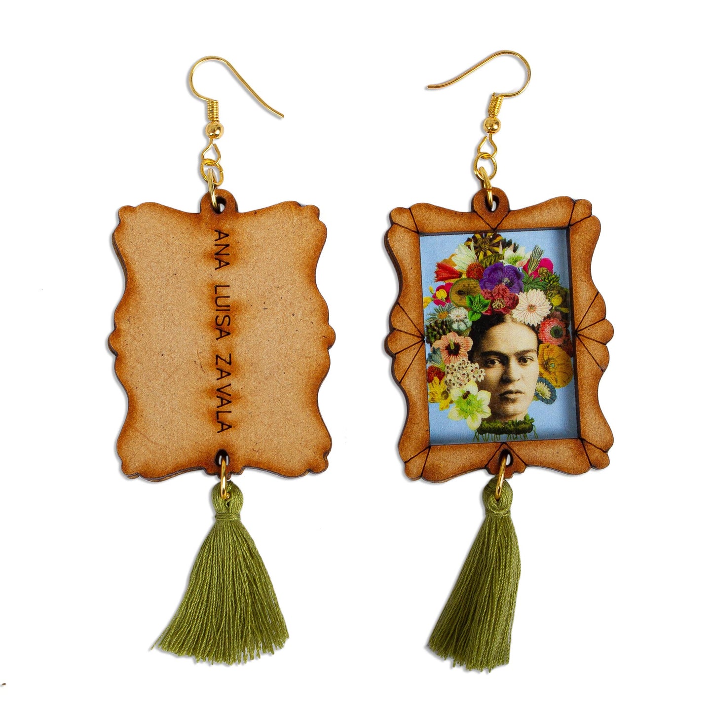 Frida Adorned Handcrafted Frida Kahlo and Flowers Wood Dangle Earrings