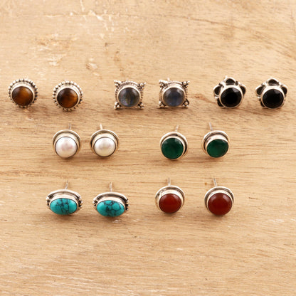 Elegant Pairs Set of 7 Multi-Gemstone Stud Earrings from India