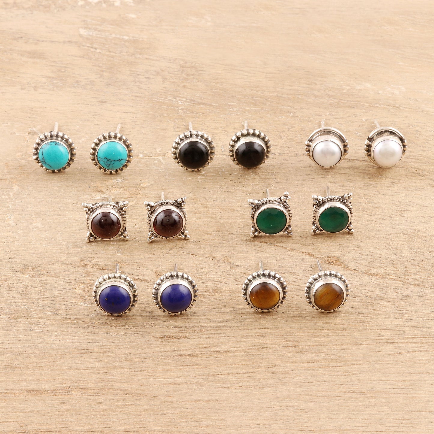 Everyday Pairs Handmade Multi-Gemstone Stud Earrings (Set of 7)