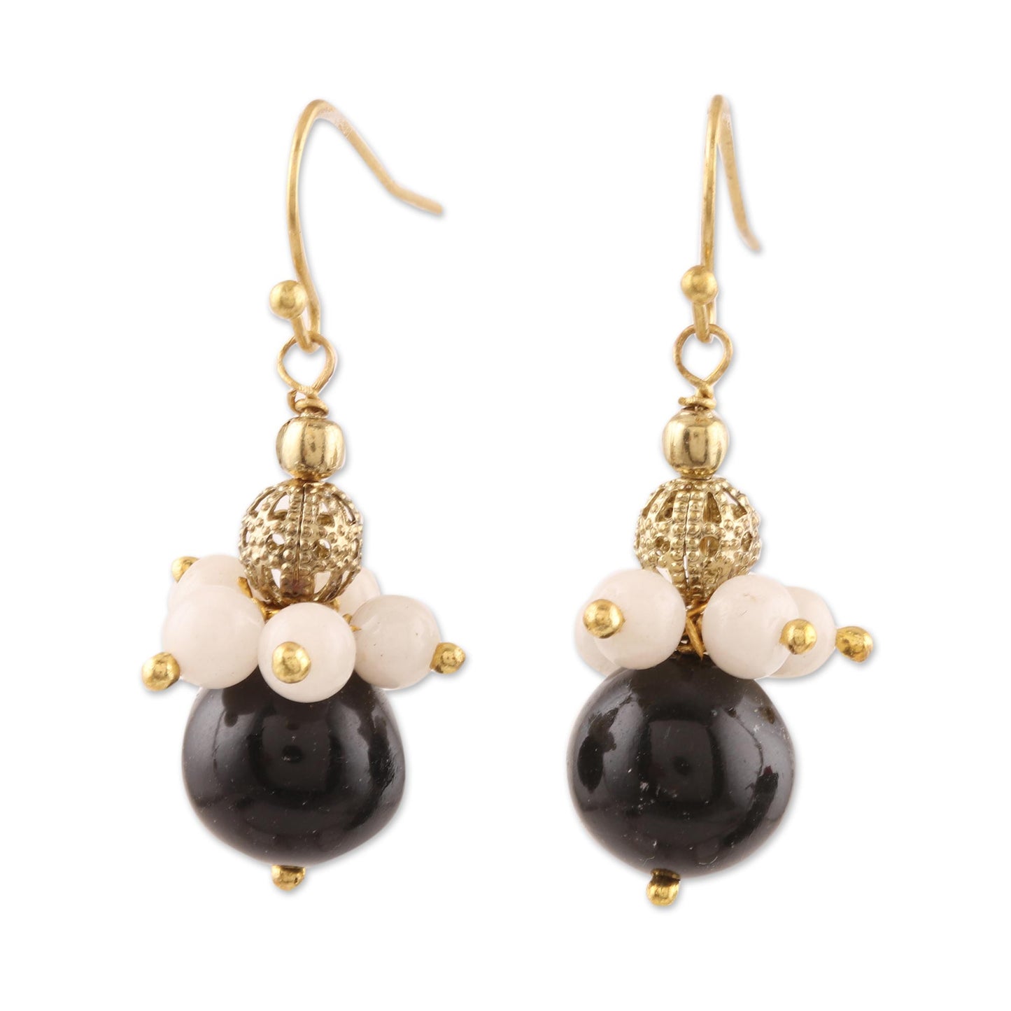 Gleaming Globes Onyx and Moonstone Beaded Dangle Earrings from India