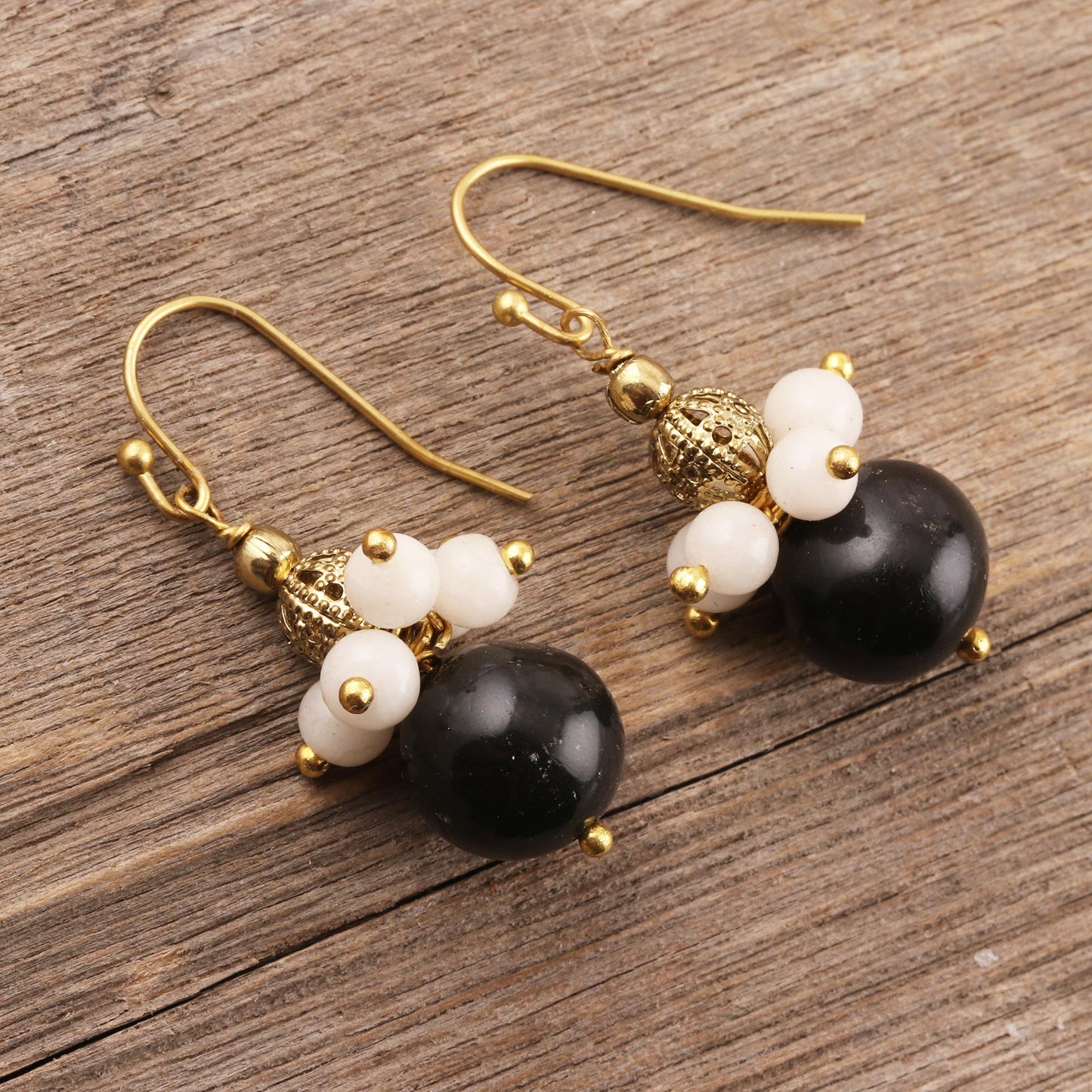 Gleaming Globes Onyx and Moonstone Beaded Dangle Earrings from India