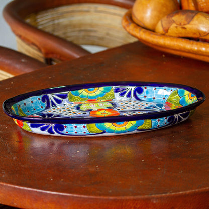 Raining Flowers Talavera-Style Oval Ceramic Serving Platter from Mexico