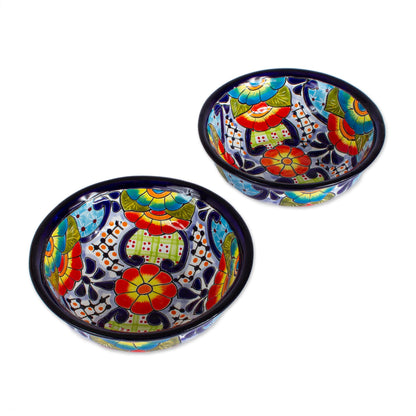 Raining Flowers Mexican Talavera Style Ceramic Snack or Serving Bowls (Pair)