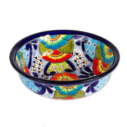 Raining Flowers Mexican Talavera Style Ceramic Snack or Serving Bowls (Pair)