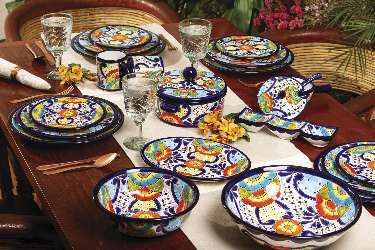 Raining Flowers Mexican Talavera Style Ceramic Serving Bowl