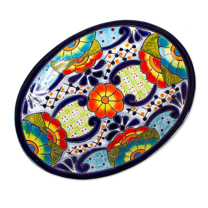 Raining Flowers Mexican Talavera Ceramic Oval Serving Plate