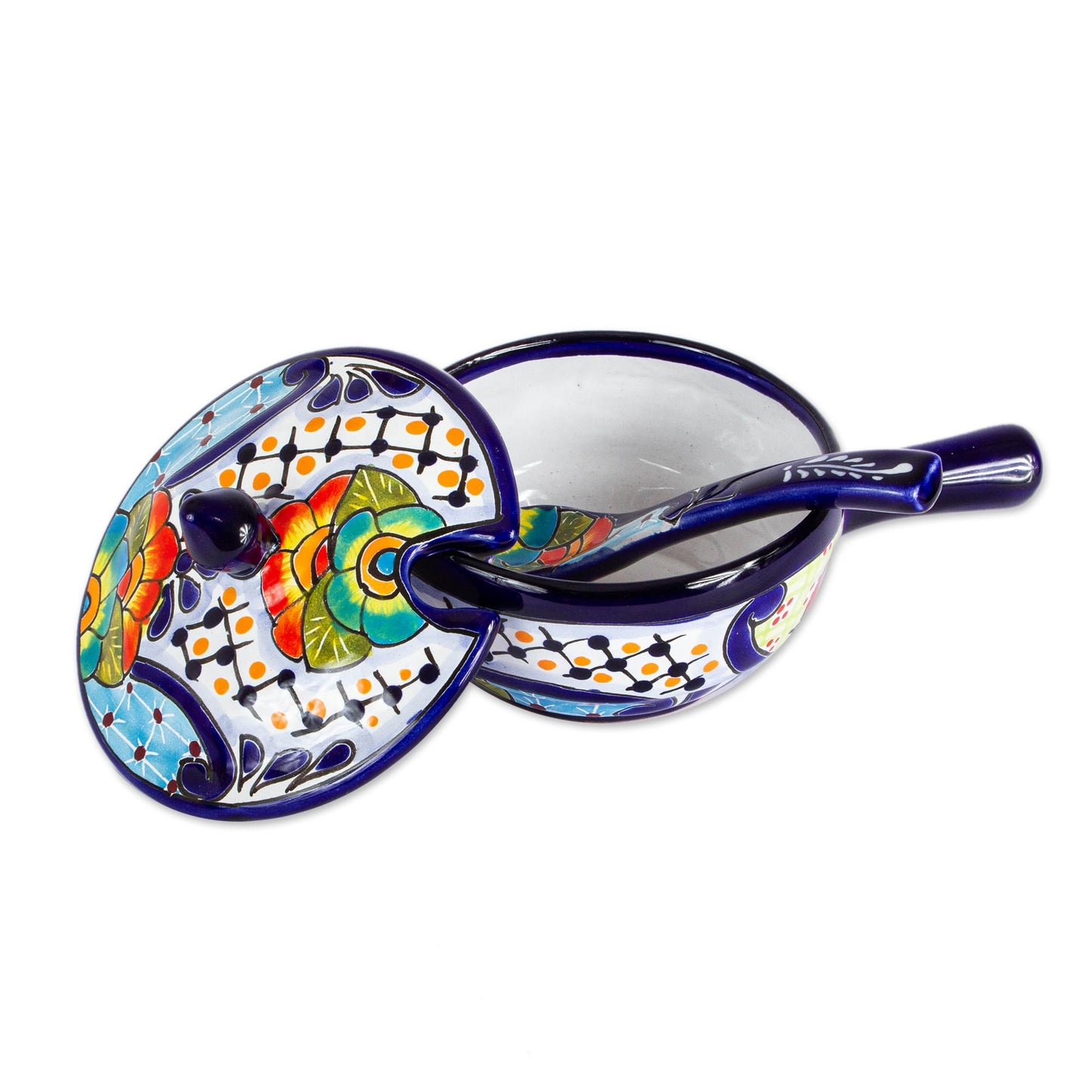 Raining Flowers Mexican Talavera Style Covered Salsa Dish with Spoon