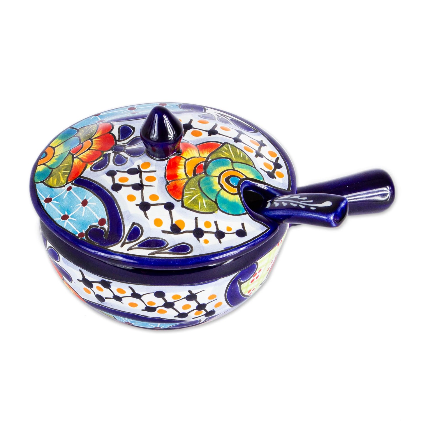 Raining Flowers Mexican Talavera Style Covered Salsa Dish with Spoon