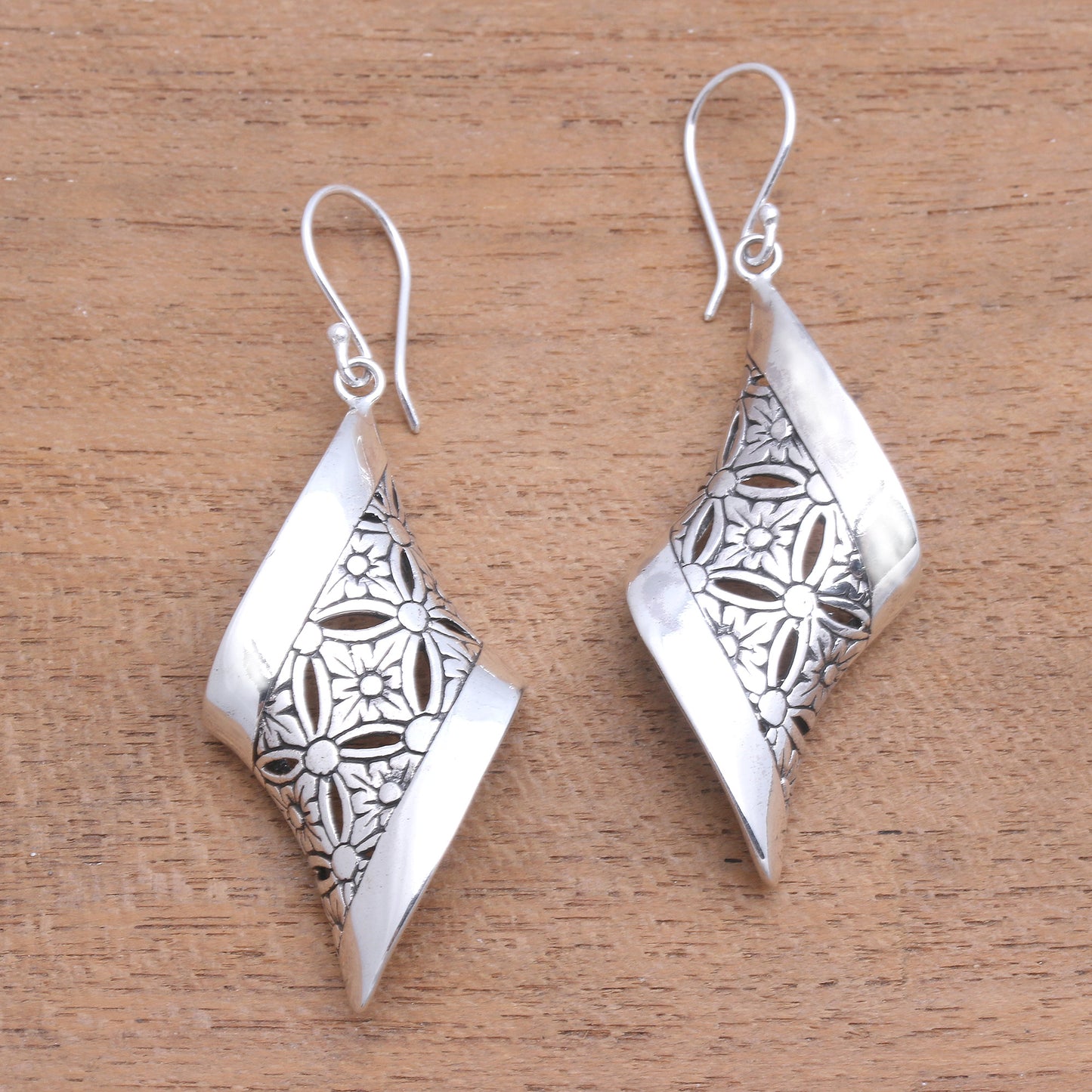 Curved Bliss Curved Floral Sterling Silver Dangle Earrings from Bali