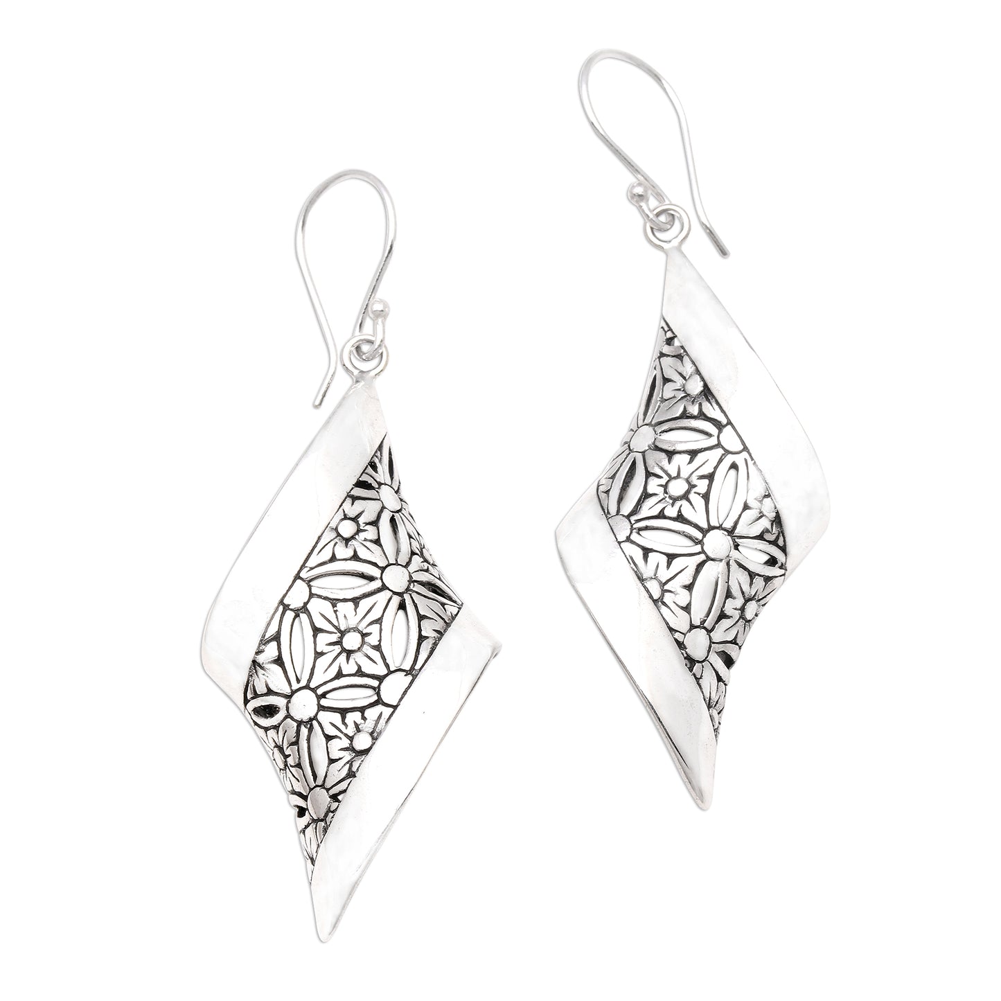 Curved Bliss Curved Floral Sterling Silver Dangle Earrings from Bali