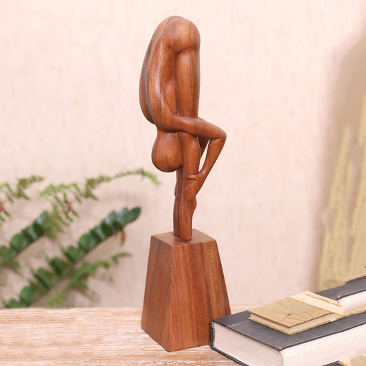 Yoga Expert Hand-Carved Yoga-Themed Suar Wood Sculpture from Bali