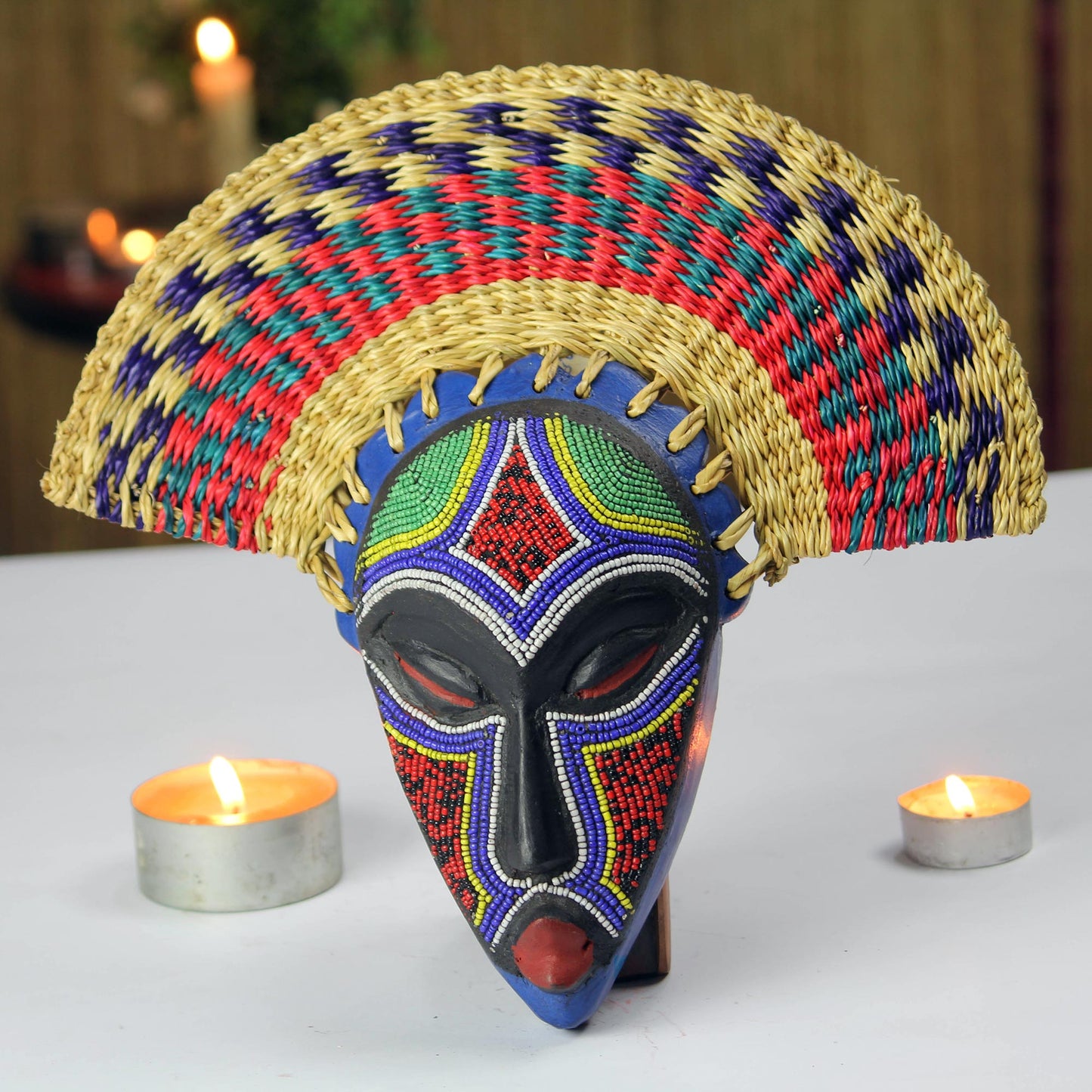 Eco Akuchinyere Eco-Friendly African Wood Mask with Raffia from Ghana