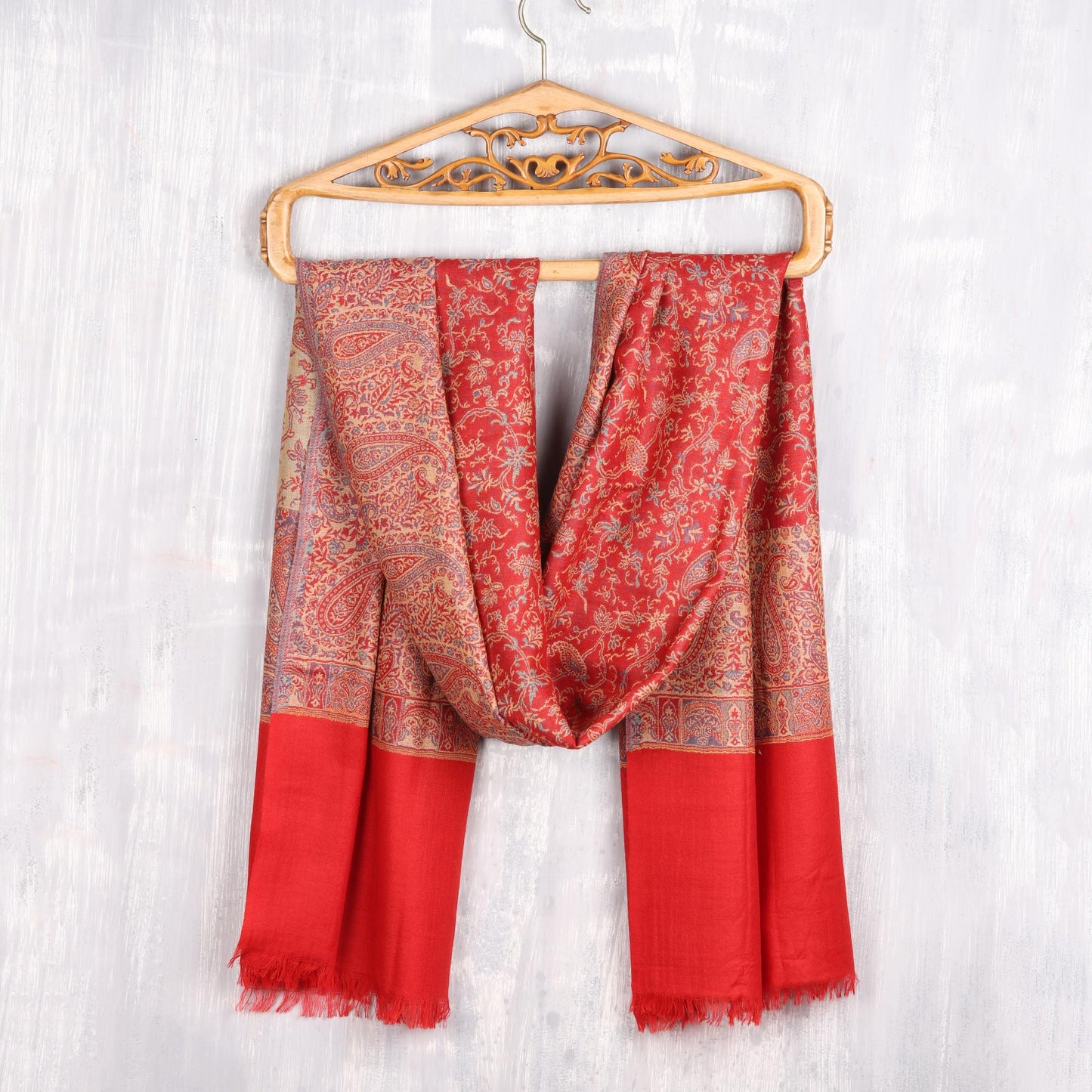 Paisley Glamour Paisley Motif Jamawar Wool Shawl in Poppy from India