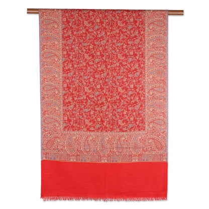 Paisley Glamour Paisley Motif Jamawar Wool Shawl in Poppy from India