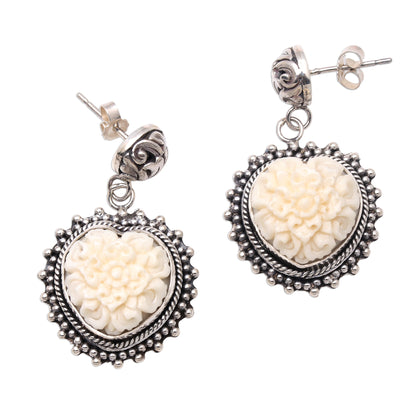 Luminous Petals Floral Sterling Silver and Bone Dangle Earrings from Bali