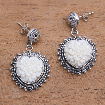 Luminous Petals Floral Sterling Silver and Bone Dangle Earrings from Bali