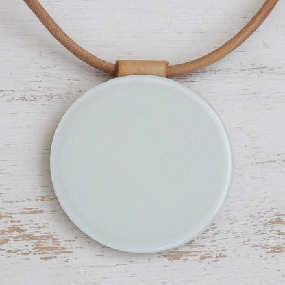 Rising Moon White Art Glass Disc Pendant Brown Leather Cord Necklace