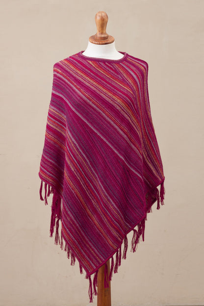 Festive Flair 100% Alpaca Knit Poncho Fuchsia with Stripes and Tassels