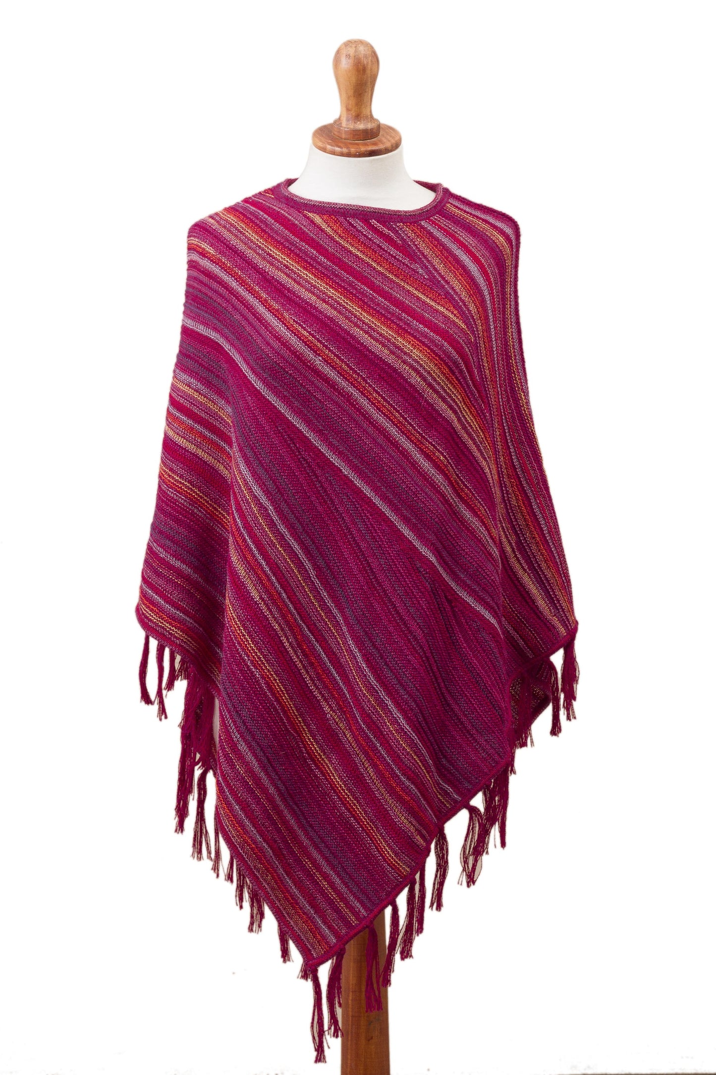 Festive Flair 100% Alpaca Knit Poncho Fuchsia with Stripes and Tassels