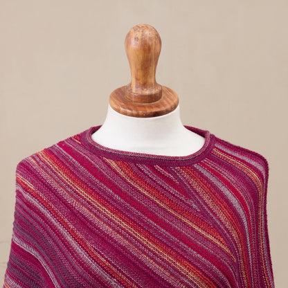 Festive Flair 100% Alpaca Knit Poncho Fuchsia with Stripes and Tassels