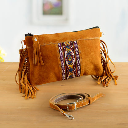 Golden Brown Fringe Fringed Wool Accented Suede Handbag in Golden Brown