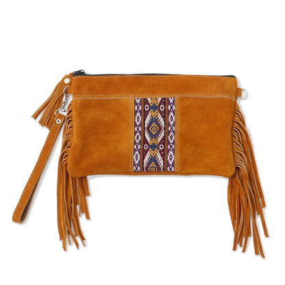 Golden Brown Fringe Fringed Wool Accented Suede Handbag in Golden Brown