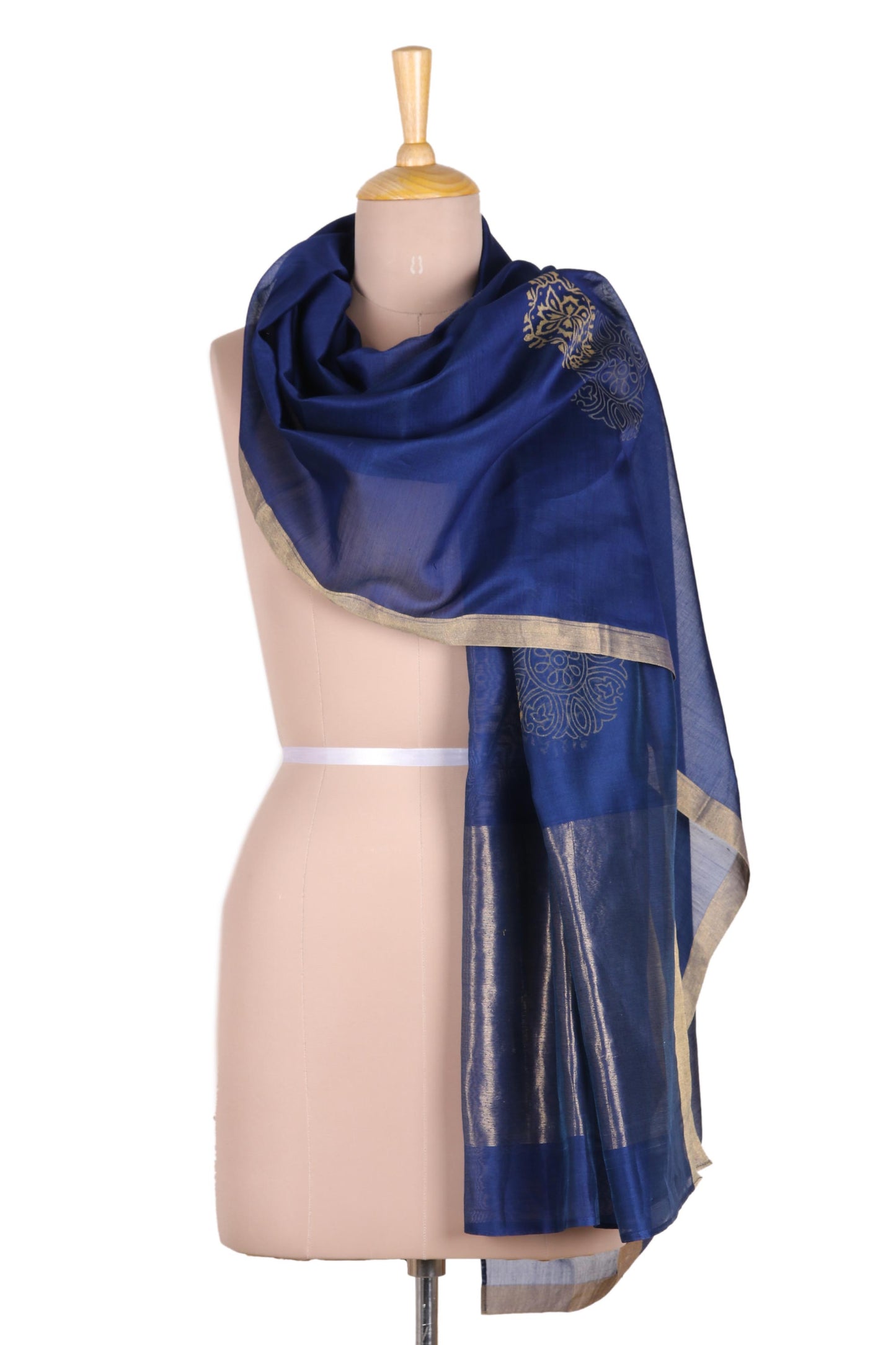 Zari Elegance Zari-Embroidered Cotton and Silk Blend Shawl in Lapis