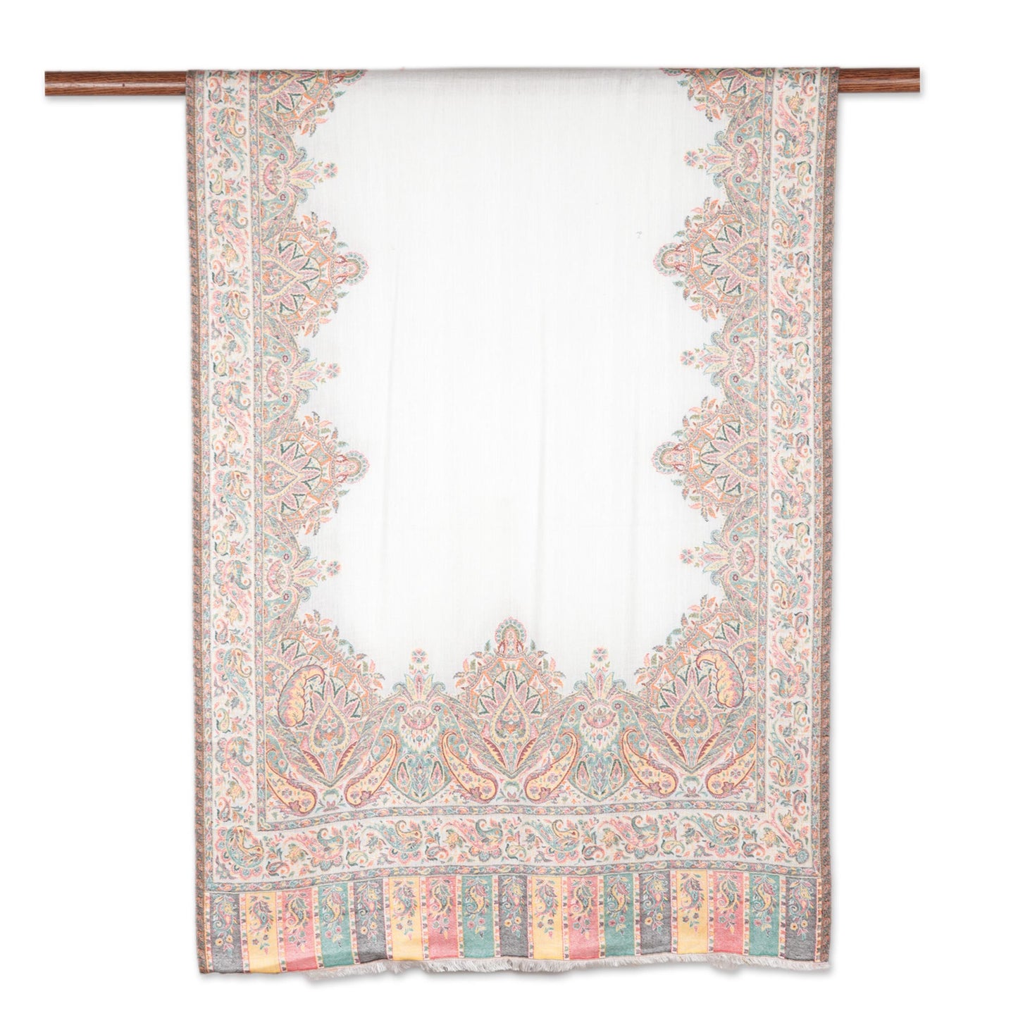 Mughal Fresco Modal Woven Shawl White with Multicolored Motifs