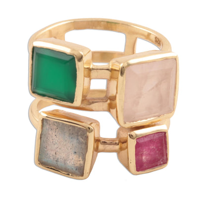 Sparkling Squares Gold Plated Multi-Gemstone Cocktail Ring from India