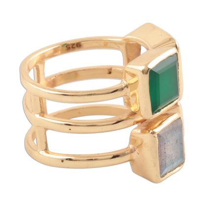Sparkling Squares Gold Plated Multi-Gemstone Cocktail Ring from India
